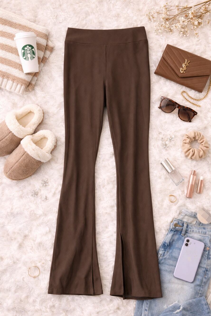 NWT Old Navy Women's PowerSoft Rib-Knit Split Flare Leggings Espresso Brown XL